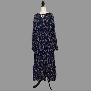 💛22-24💛 Maxi Dress Plus Size Bohemian Floral Print Splice Neck Long Sleeve